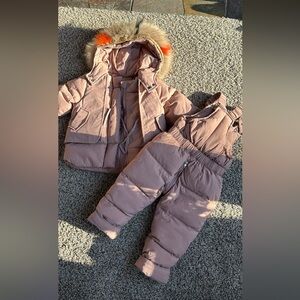 Pink Winter Jacket and Pants Set with Fur Hood
